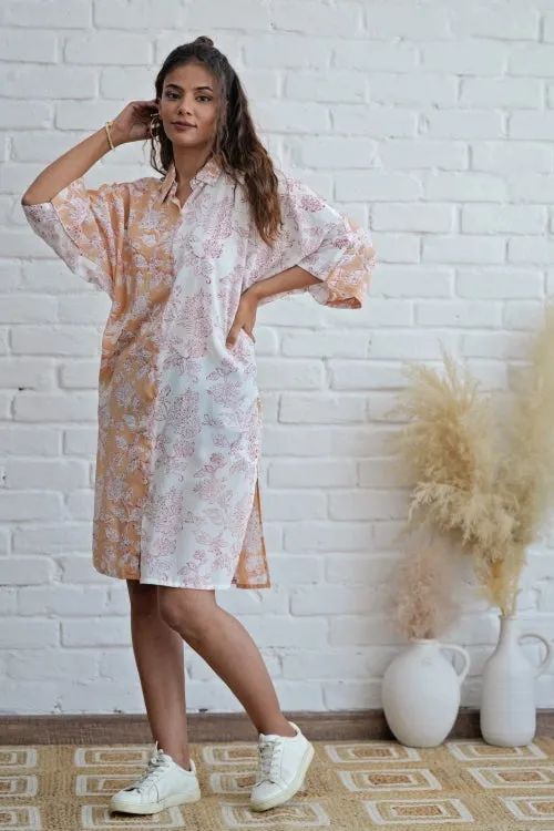 Grace In Peach Hand Block Printed Oversize Shirt