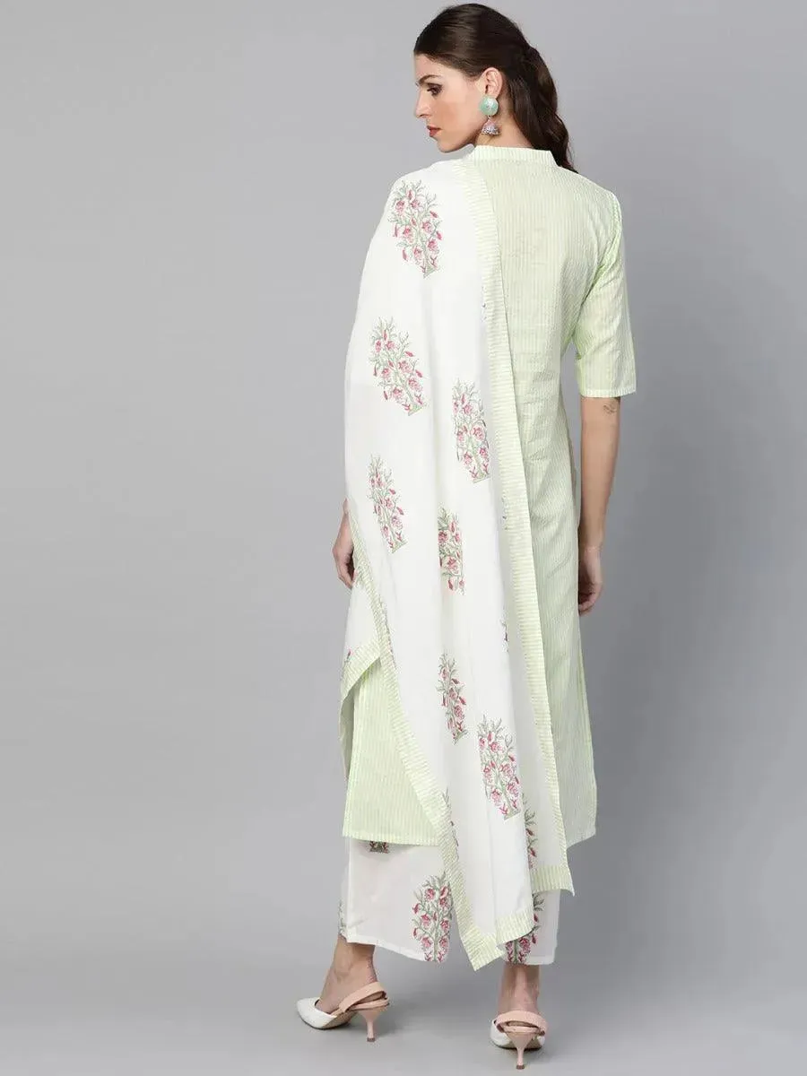 Green Striped Cotton Straight Kurta With Palazzos & Stole