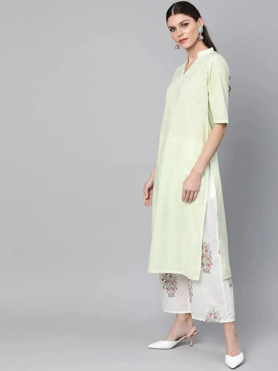 Green Striped Cotton Straight Kurta With Palazzos & Stole