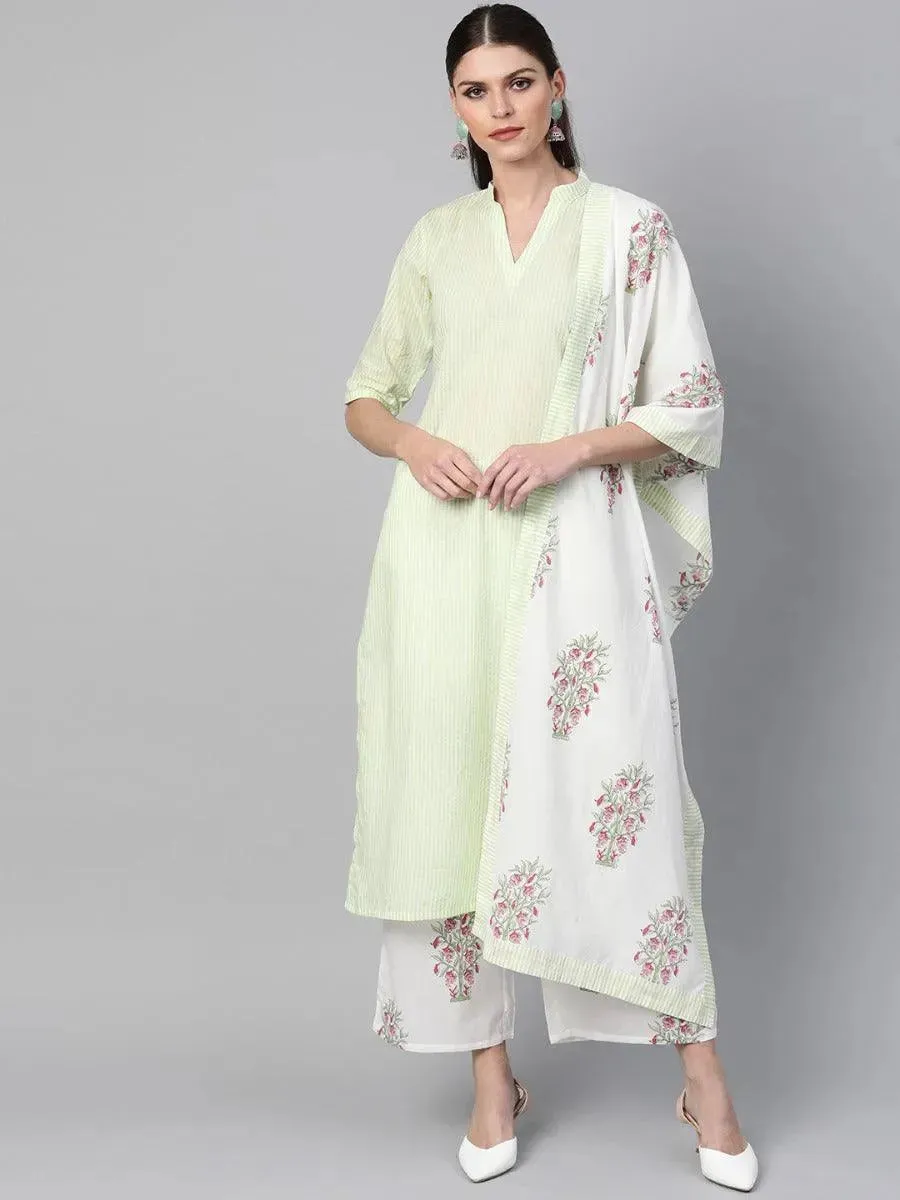 Green Striped Cotton Straight Kurta With Palazzos & Stole