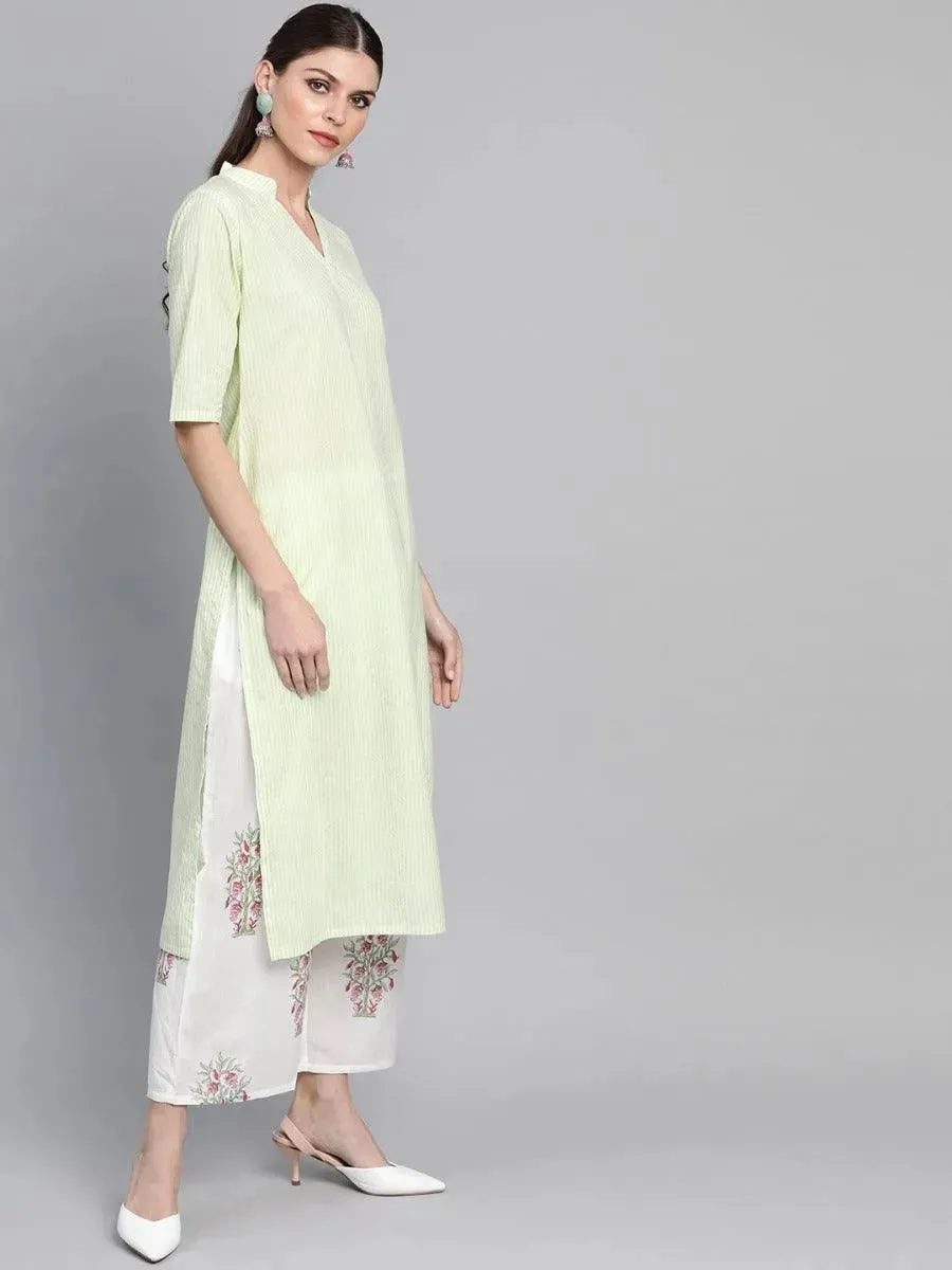 Green Striped Cotton Straight Kurta With Palazzos & Stole
