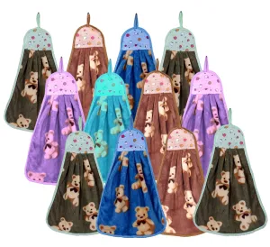 Heart Home Soft Cotton Teddy Bear Super Absorbent Hanging Napkin|Hand Towel for Washbasin & Kitchen,Pack of 12,(Assorted)