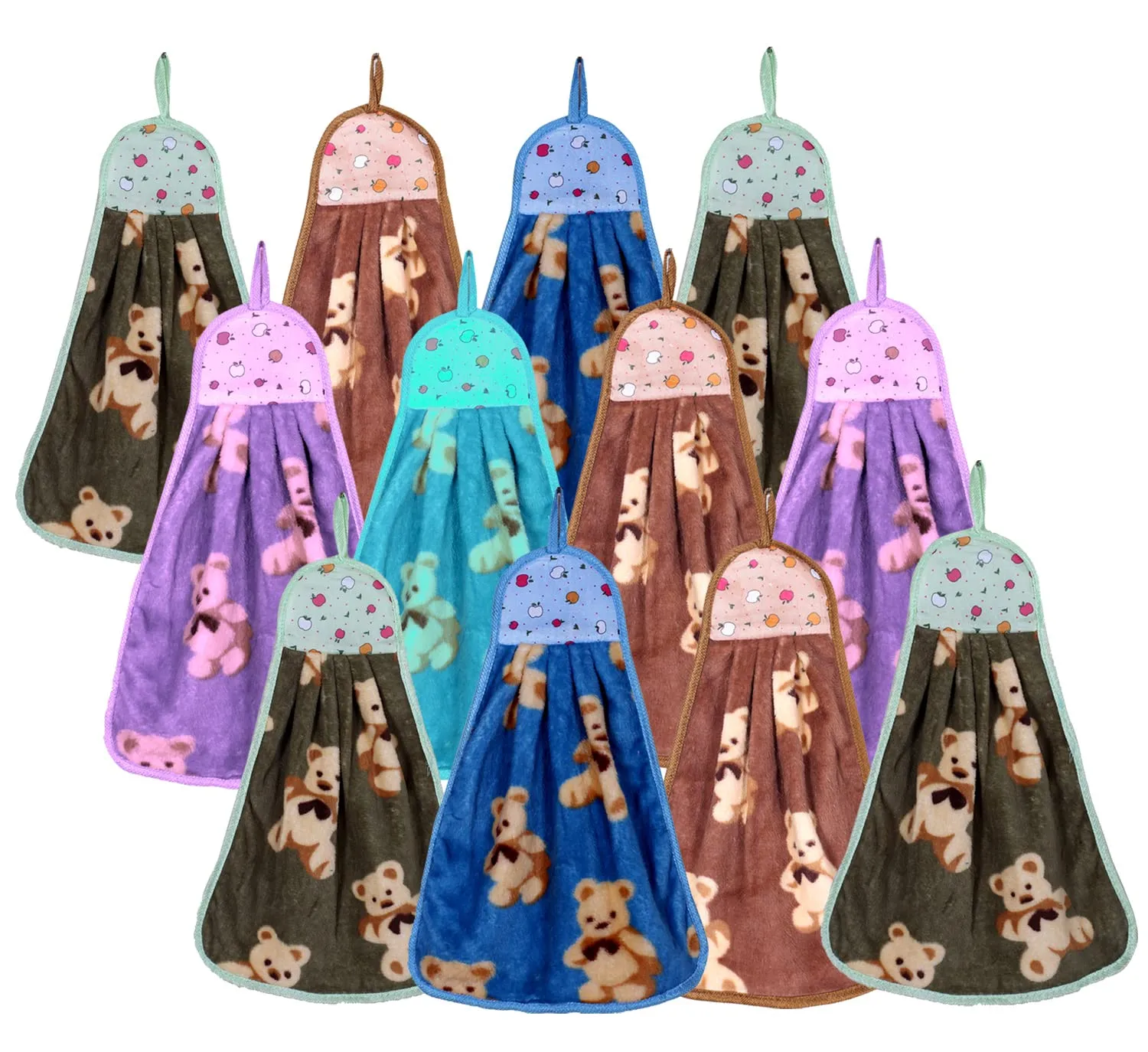 Heart Home Soft Cotton Teddy Bear Super Absorbent Hanging Napkin|Hand Towel for Washbasin & Kitchen,Pack of 12,(Assorted)
