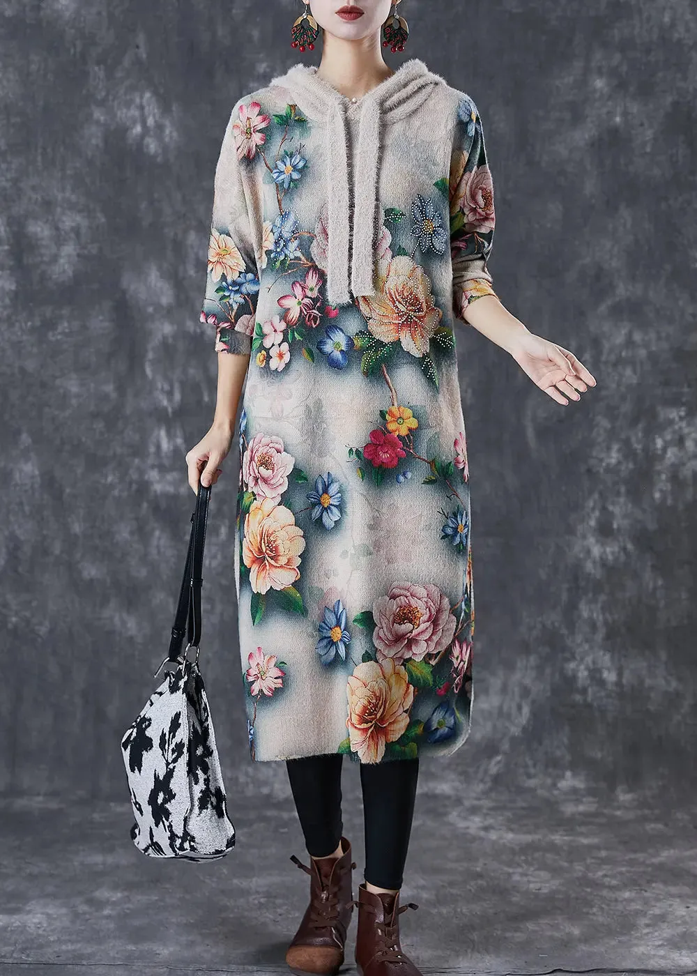 Hooded Floral Mink Velvet Knitted Mid Dress
