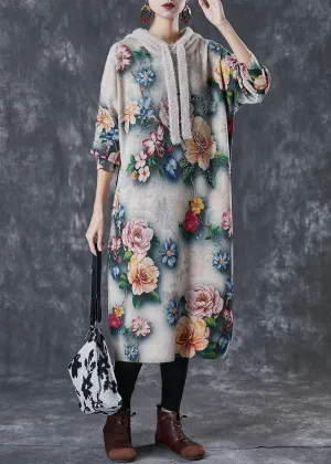 Hooded Floral Mink Velvet Knitted Mid Dress