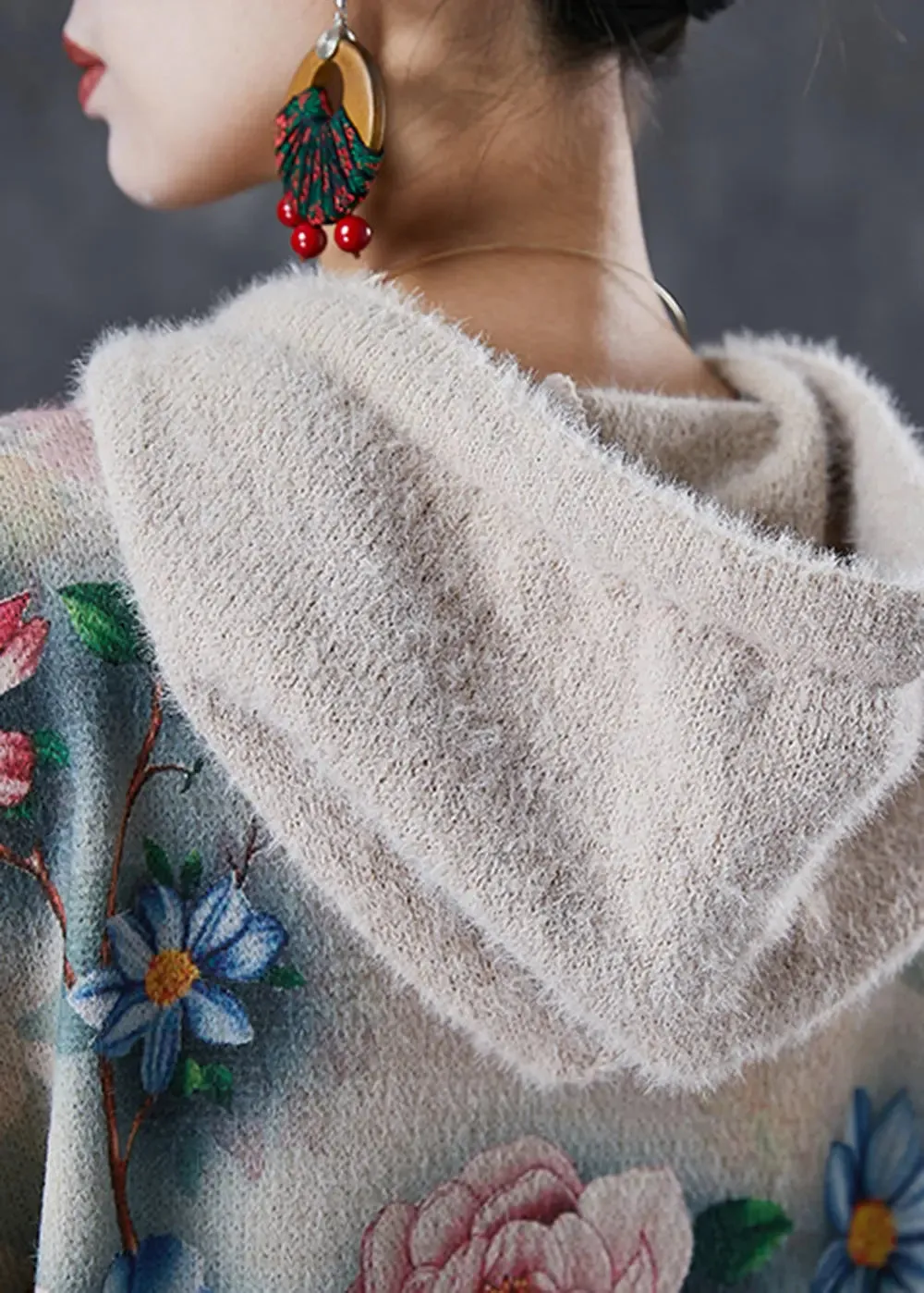 Hooded Floral Mink Velvet Knitted Mid Dress