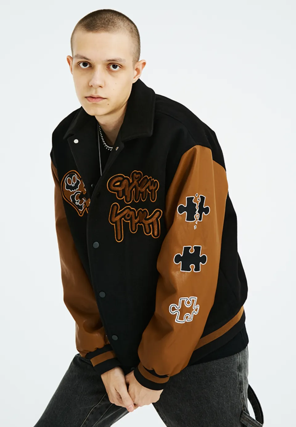 Intricate Puzzle Embroidered Baseball Jacket