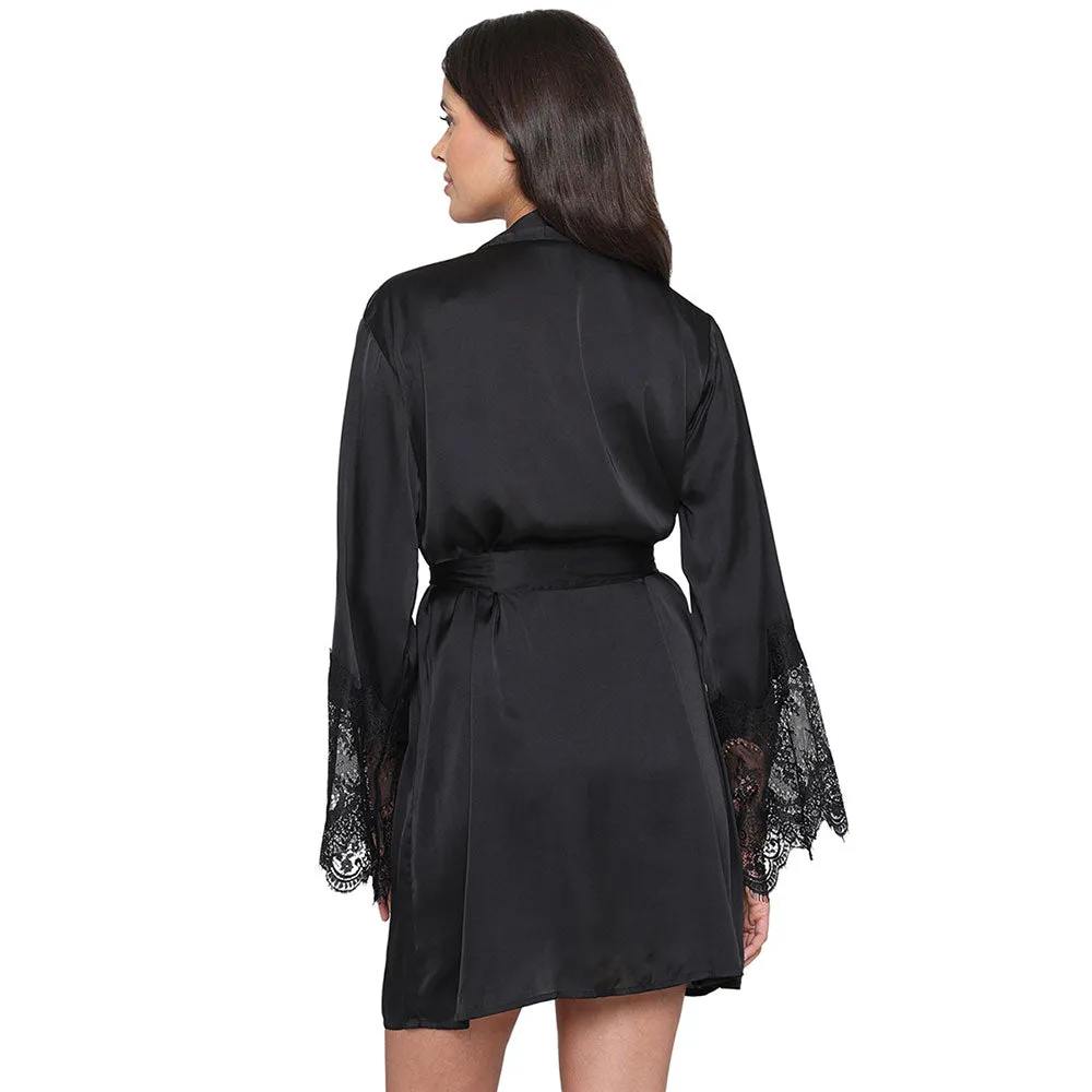 Lacy Sleeves Knee Length Shiny Finish Wrap-Over Bridal Wear Satin Robe - Black