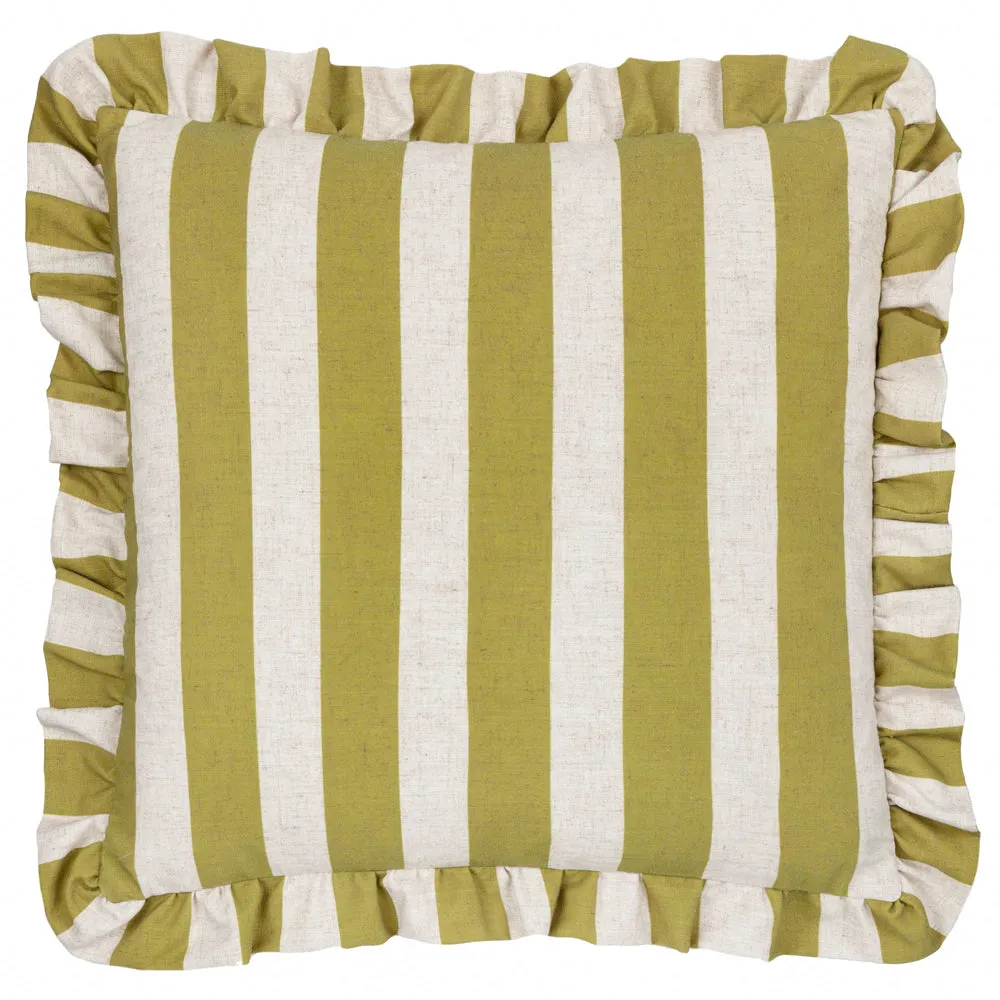 Linen Stripe Printed Ruffle Cushion Linen/Olive