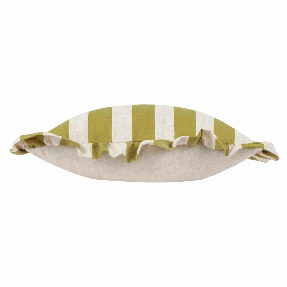 Linen Stripe Printed Ruffle Cushion Linen/Olive