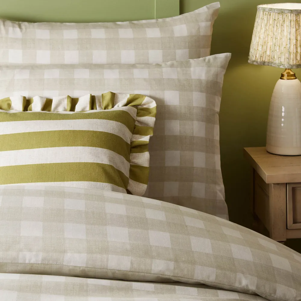 Linen Stripe Printed Ruffle Cushion Linen/Olive
