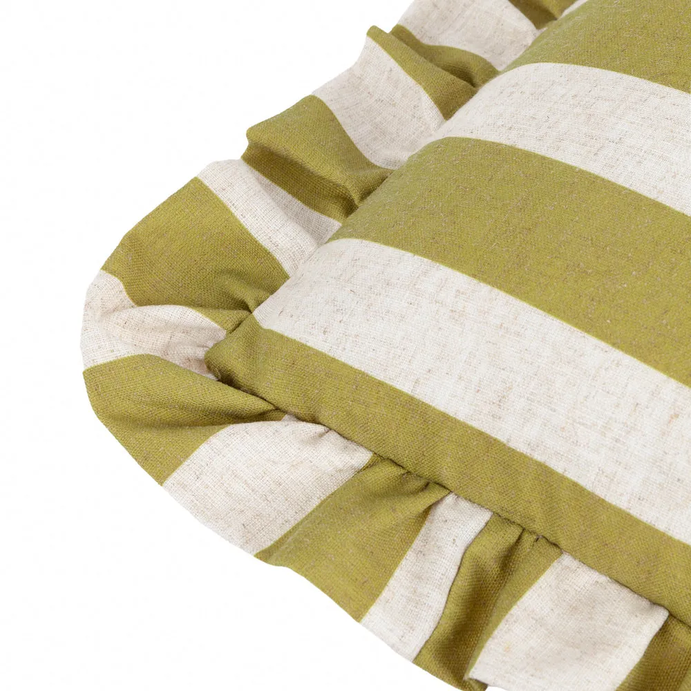 Linen Stripe Printed Ruffle Cushion Linen/Olive