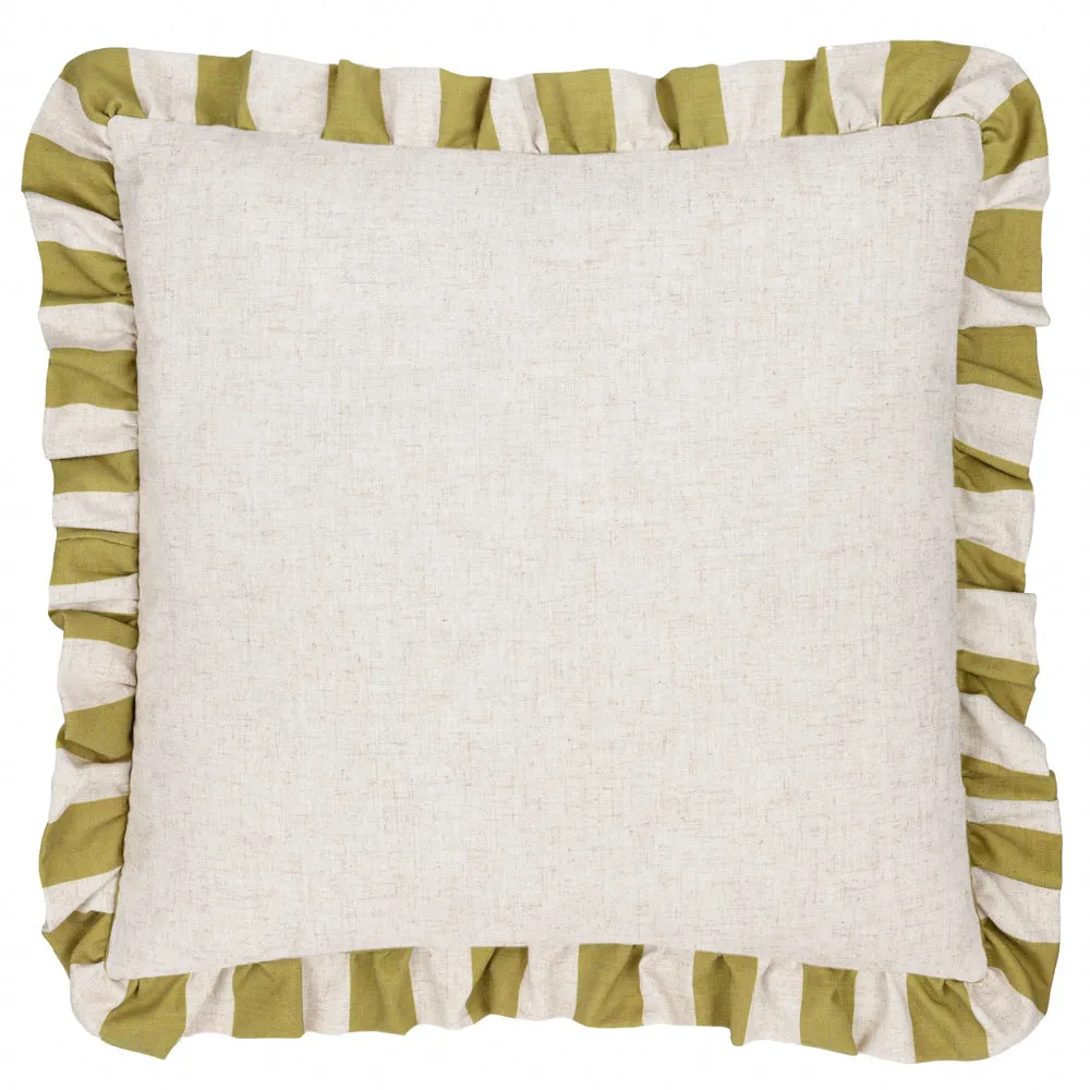 Linen Stripe Printed Ruffle Cushion Linen/Olive