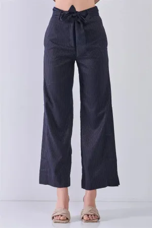 Navy & Gold Striped High Waist Detachable Self-Tie Belt Slit Sides Detail Wide Leg Pants /3-2-1
