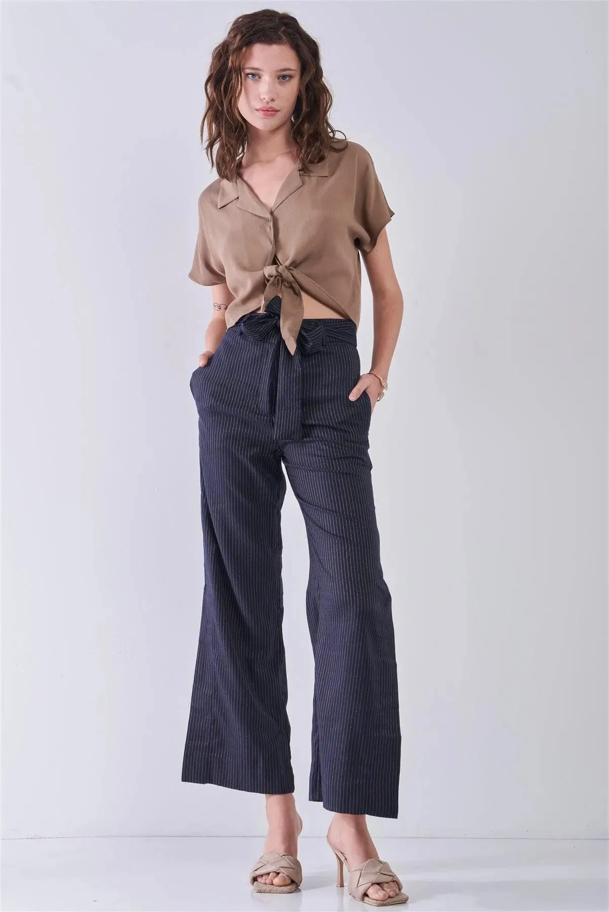 Navy & Gold Striped High Waist Detachable Self-Tie Belt Slit Sides Detail Wide Leg Pants /3-2-1
