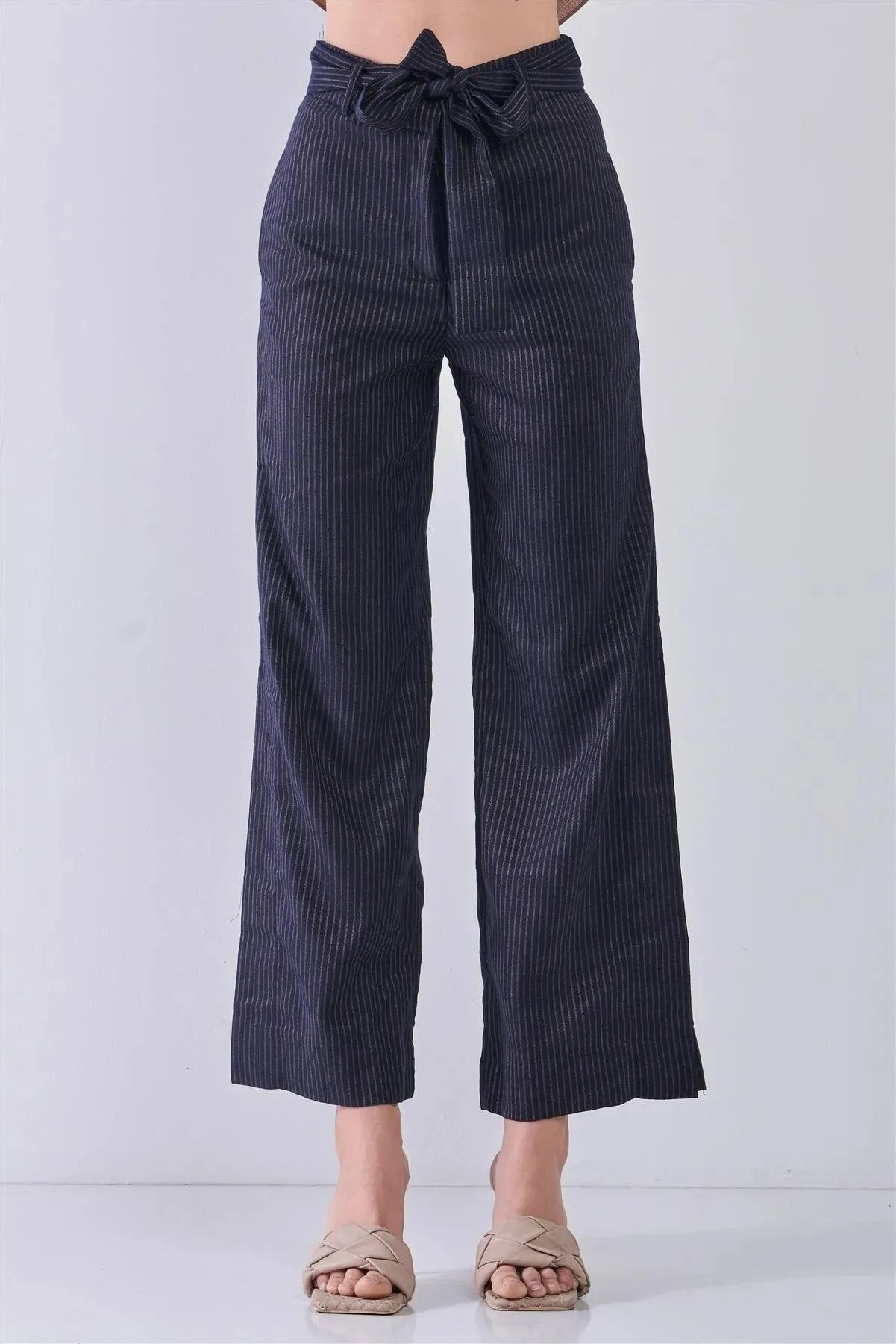 Navy & Gold Striped High Waist Detachable Self-Tie Belt Slit Sides Detail Wide Leg Pants /3-2-1