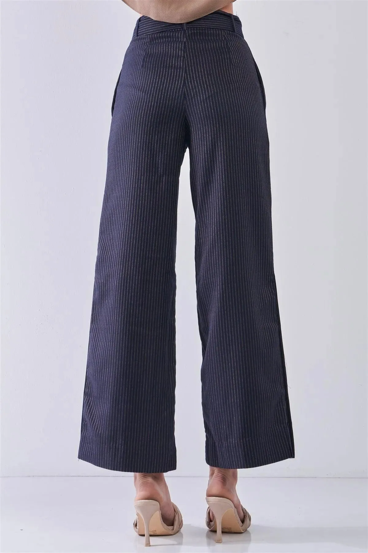 Navy & Gold Striped High Waist Detachable Self-Tie Belt Slit Sides Detail Wide Leg Pants /3-2-1