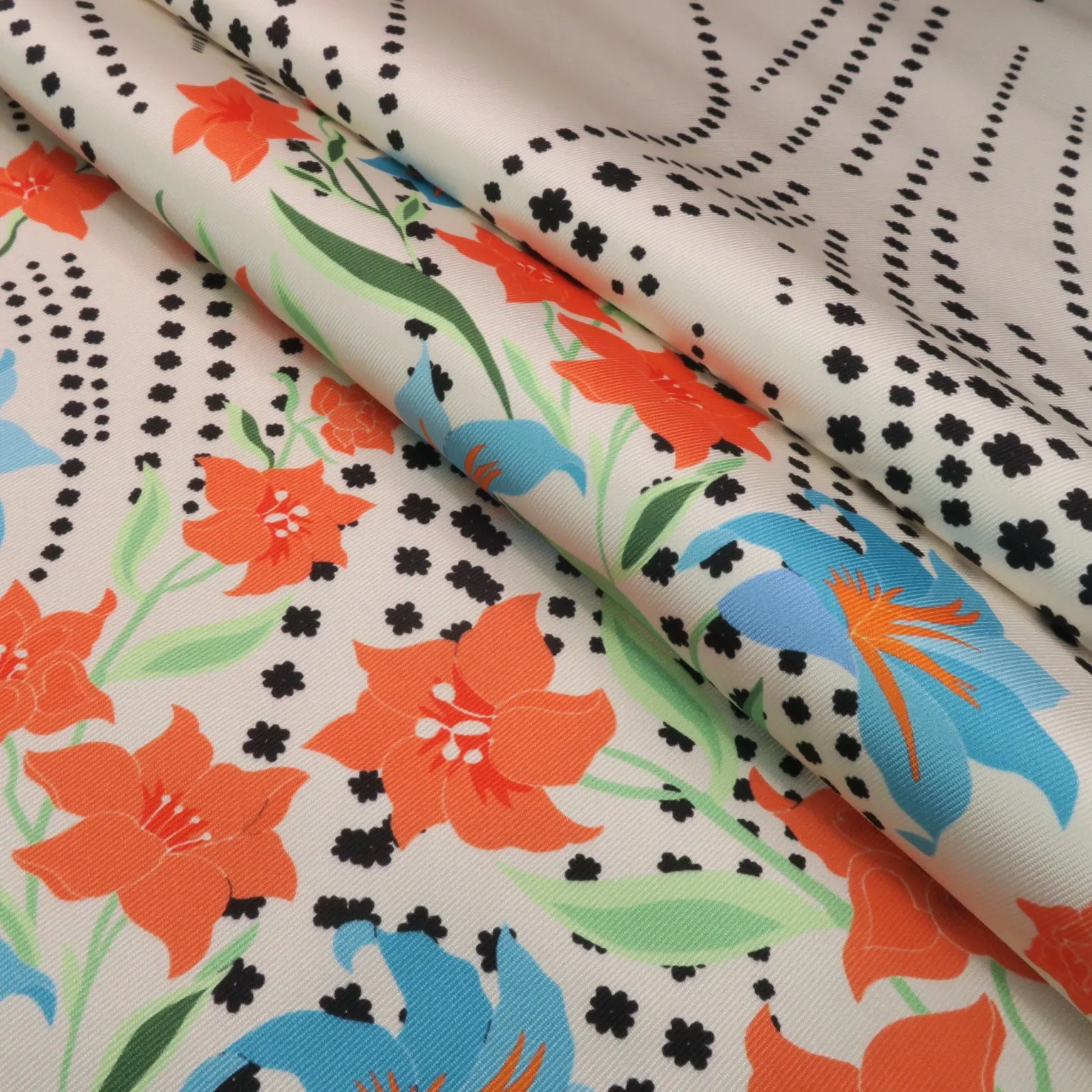 Orange Floral on Light Peach Printed Polyester Mikado Fabric