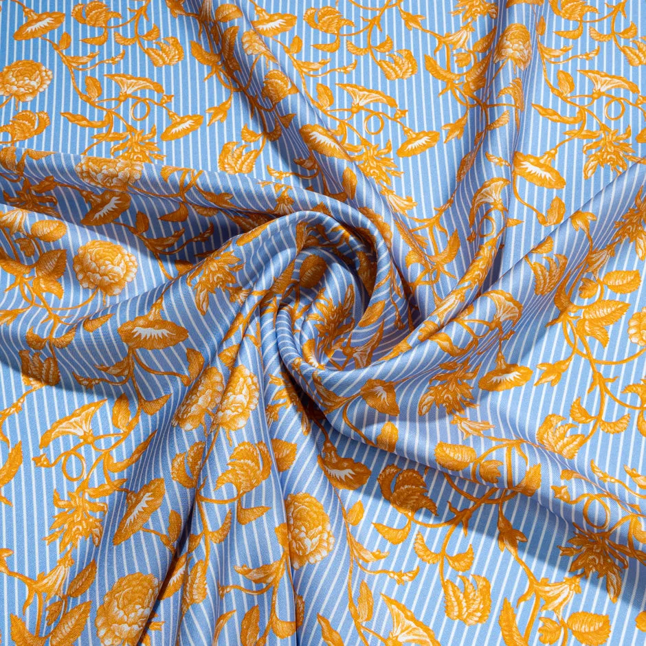 Orange Floral White Striped Blue Pure Silk Twill