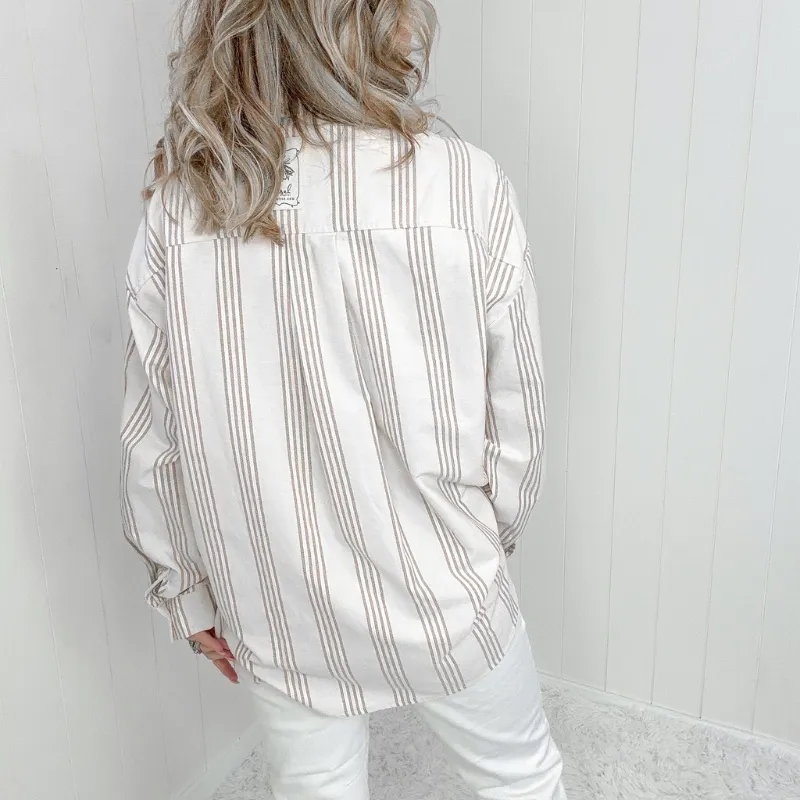 Oversized Beige Striped Button Down Long Sleeve Shirt