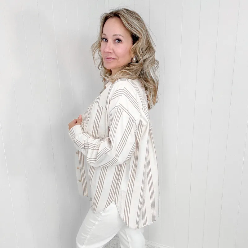 Oversized Beige Striped Button Down Long Sleeve Shirt