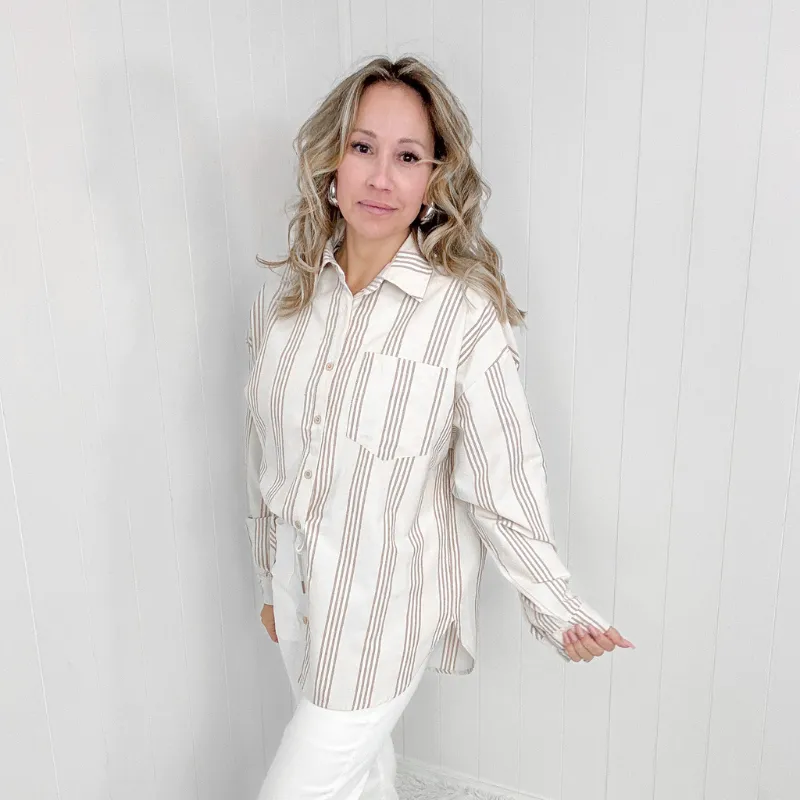 Oversized Beige Striped Button Down Long Sleeve Shirt
