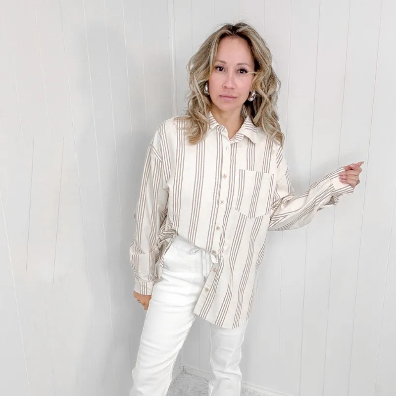 Oversized Beige Striped Button Down Long Sleeve Shirt