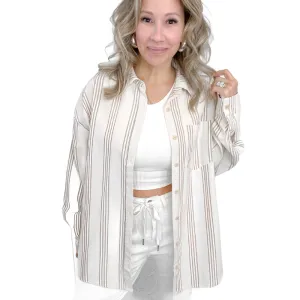 Oversized Beige Striped Button Down Long Sleeve Shirt