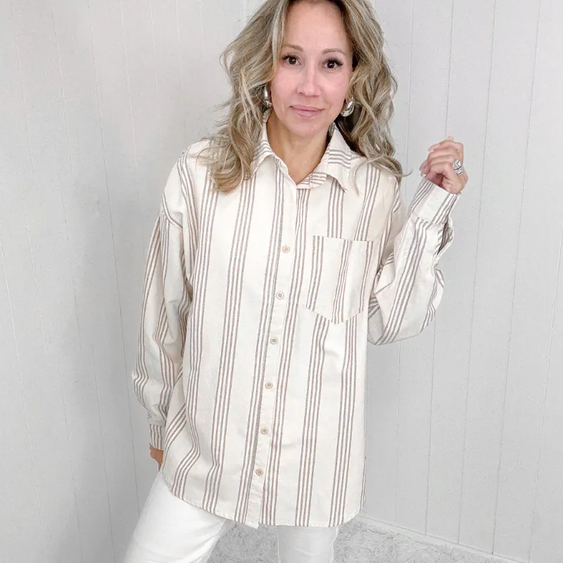 Oversized Beige Striped Button Down Long Sleeve Shirt