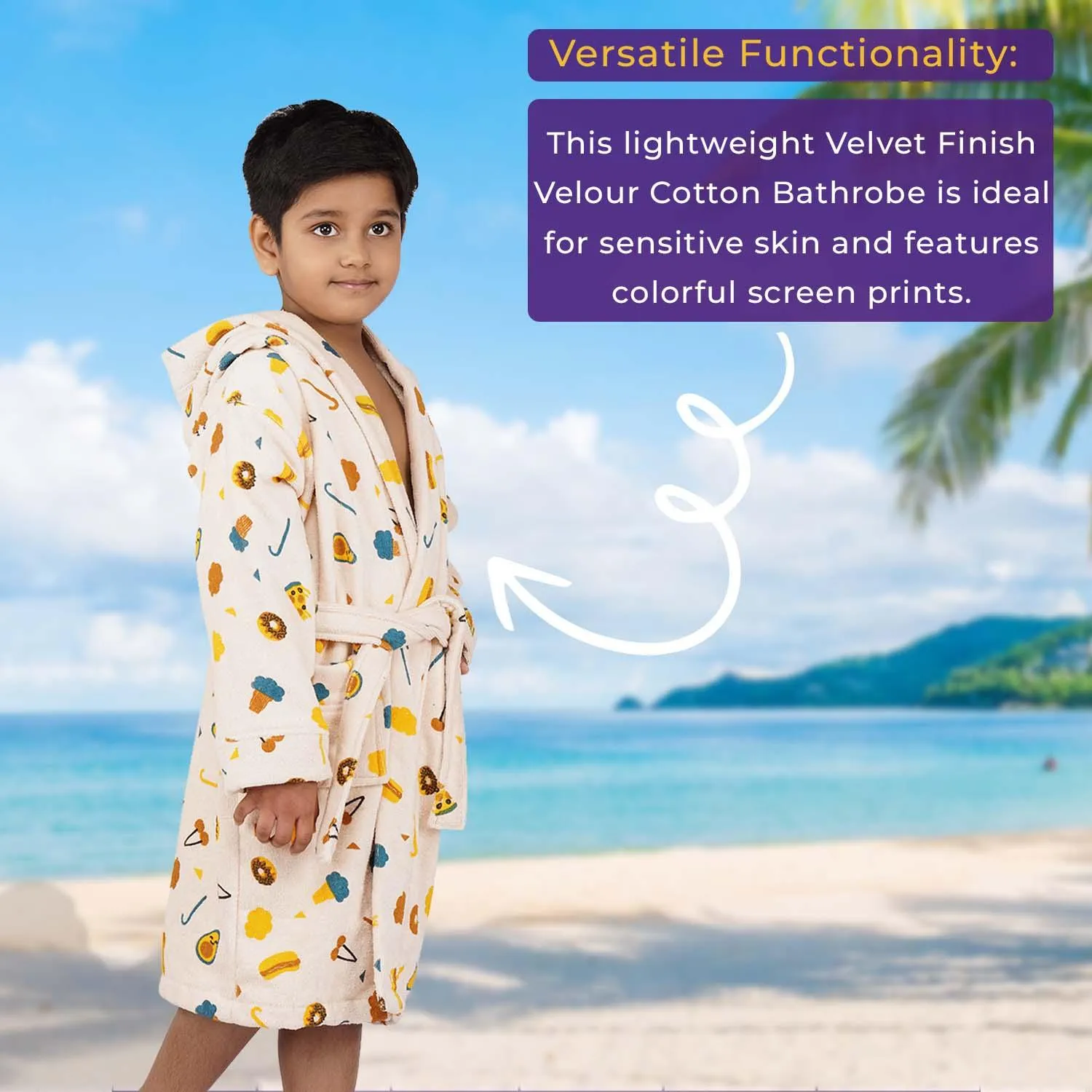 Rangoli Kids Cotton Bathrobe 400 GSM (Pizza Design) for Girls and Boys