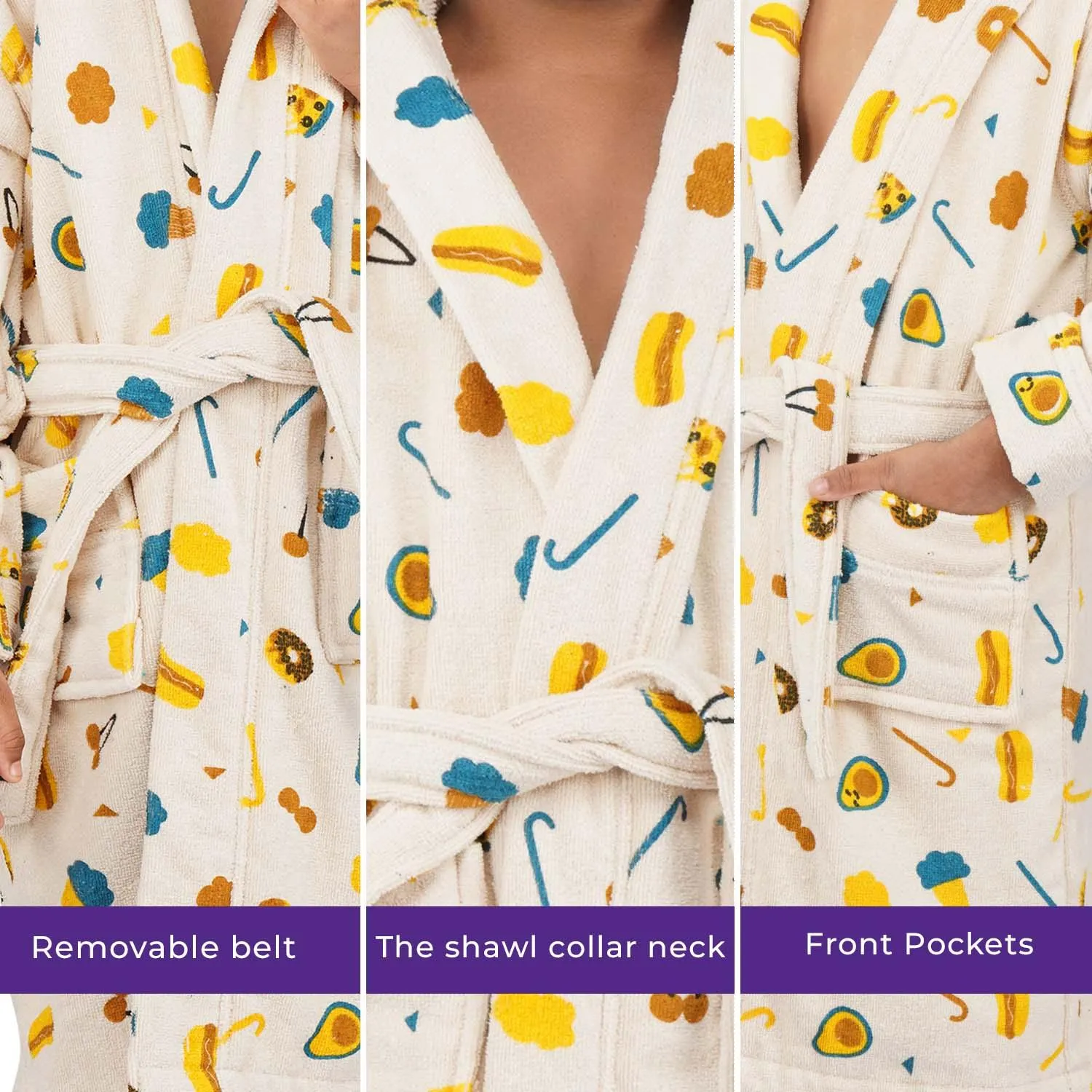 Rangoli Kids Cotton Bathrobe 400 GSM (Pizza Design) for Girls and Boys