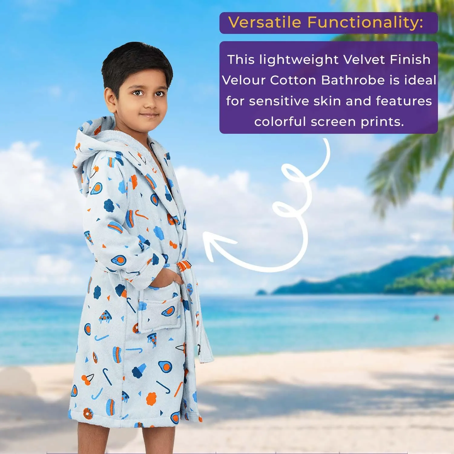 Rangoli Kids Cotton Bathrobe 400 GSM (Pizza Design) for Girls and Boys