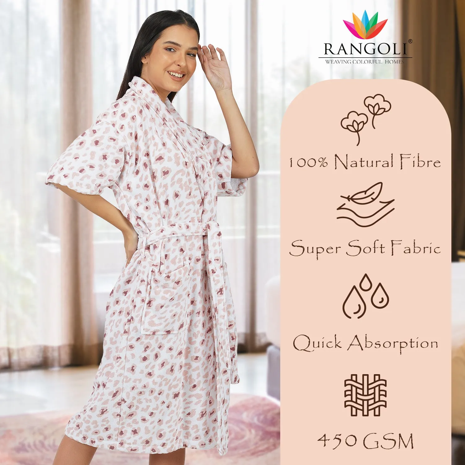 Rangoli Leopard 450 GSM Premium Cotton Bathrobe for Women