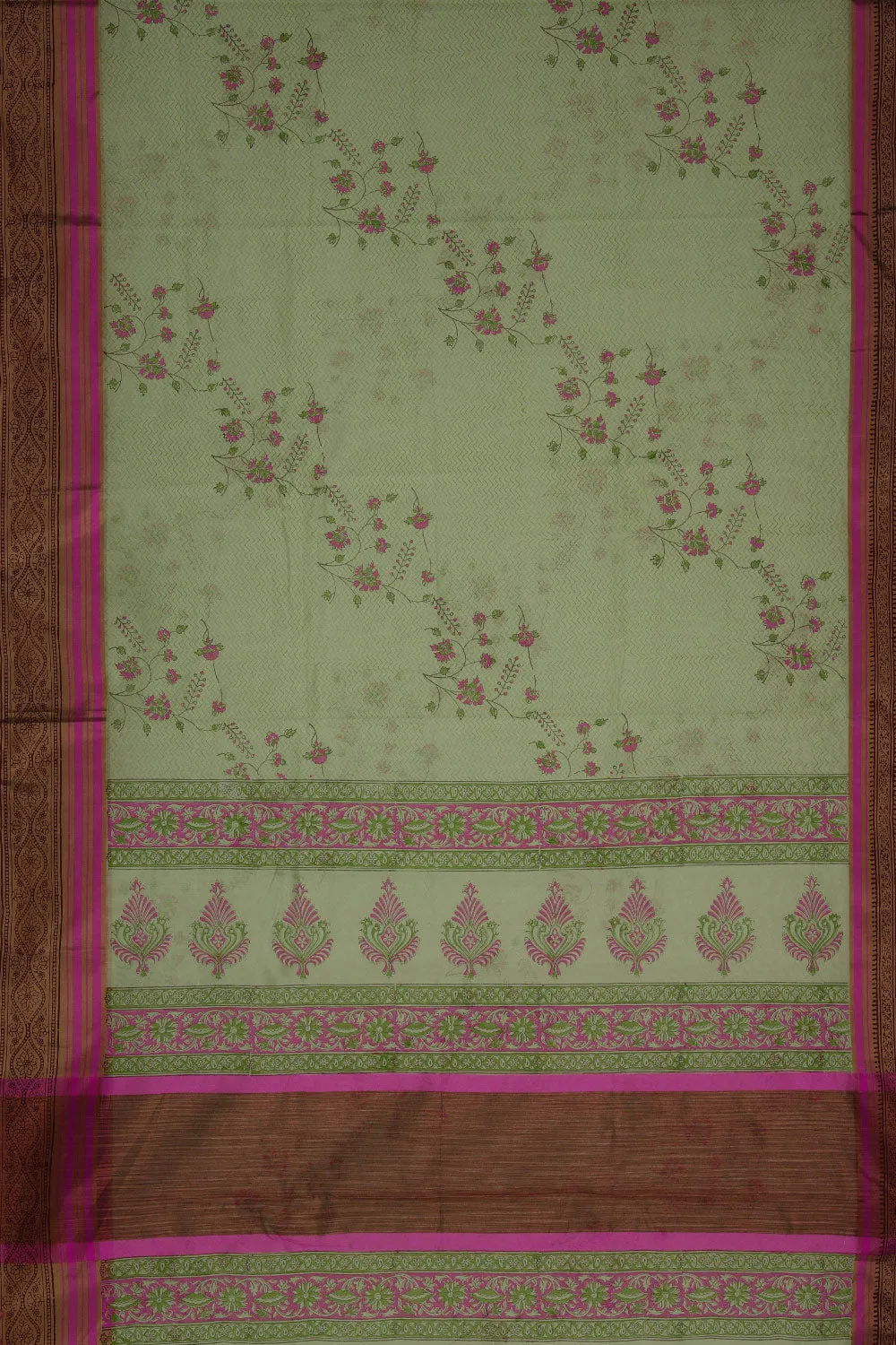 Sage green block printed chanderi saree