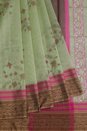 Sage green block printed chanderi saree