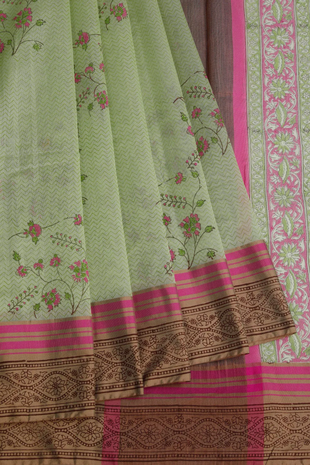 Sage green block printed chanderi saree