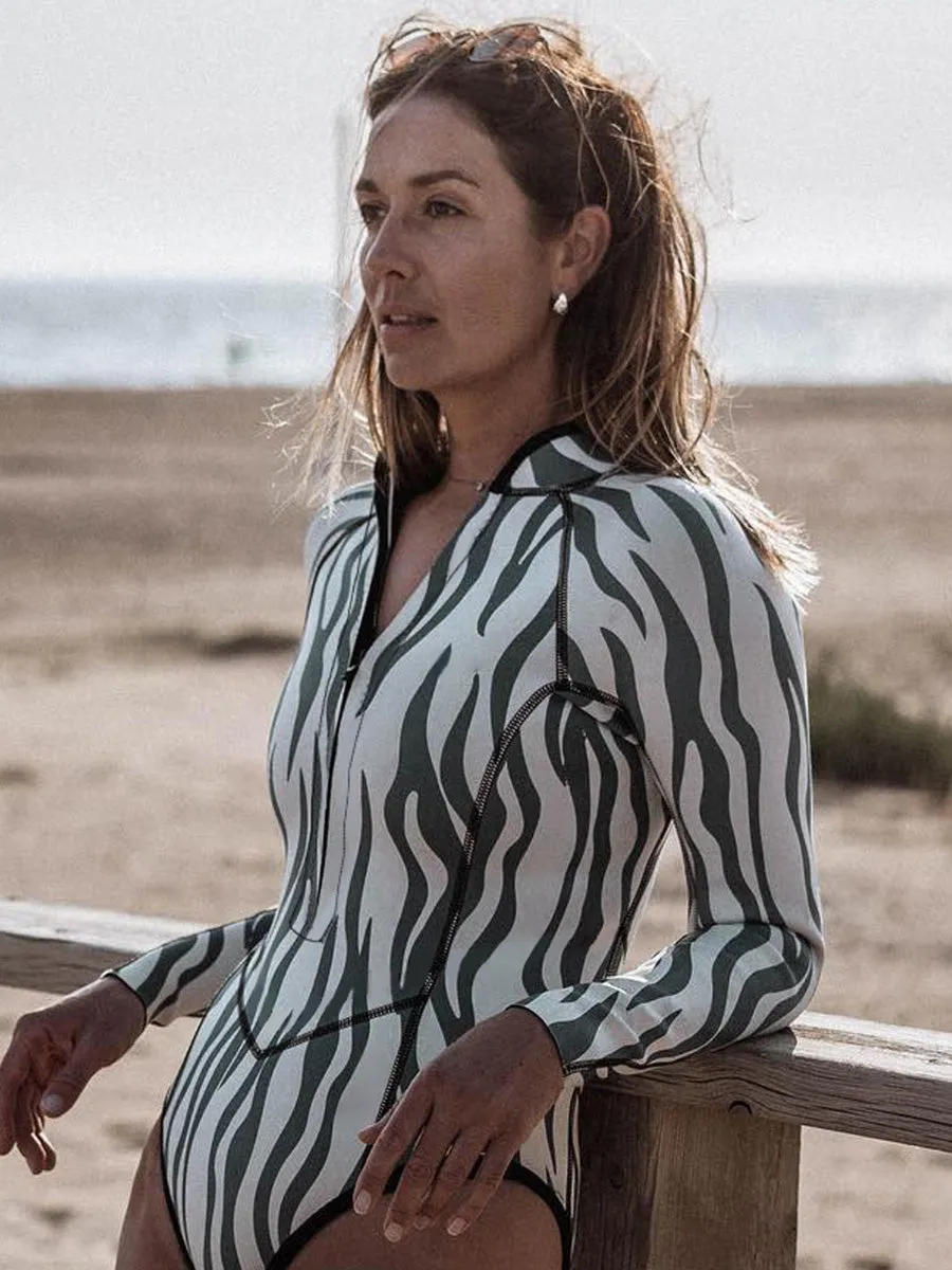 Striped printed long-sleeved sun protection one-piece swimsuit