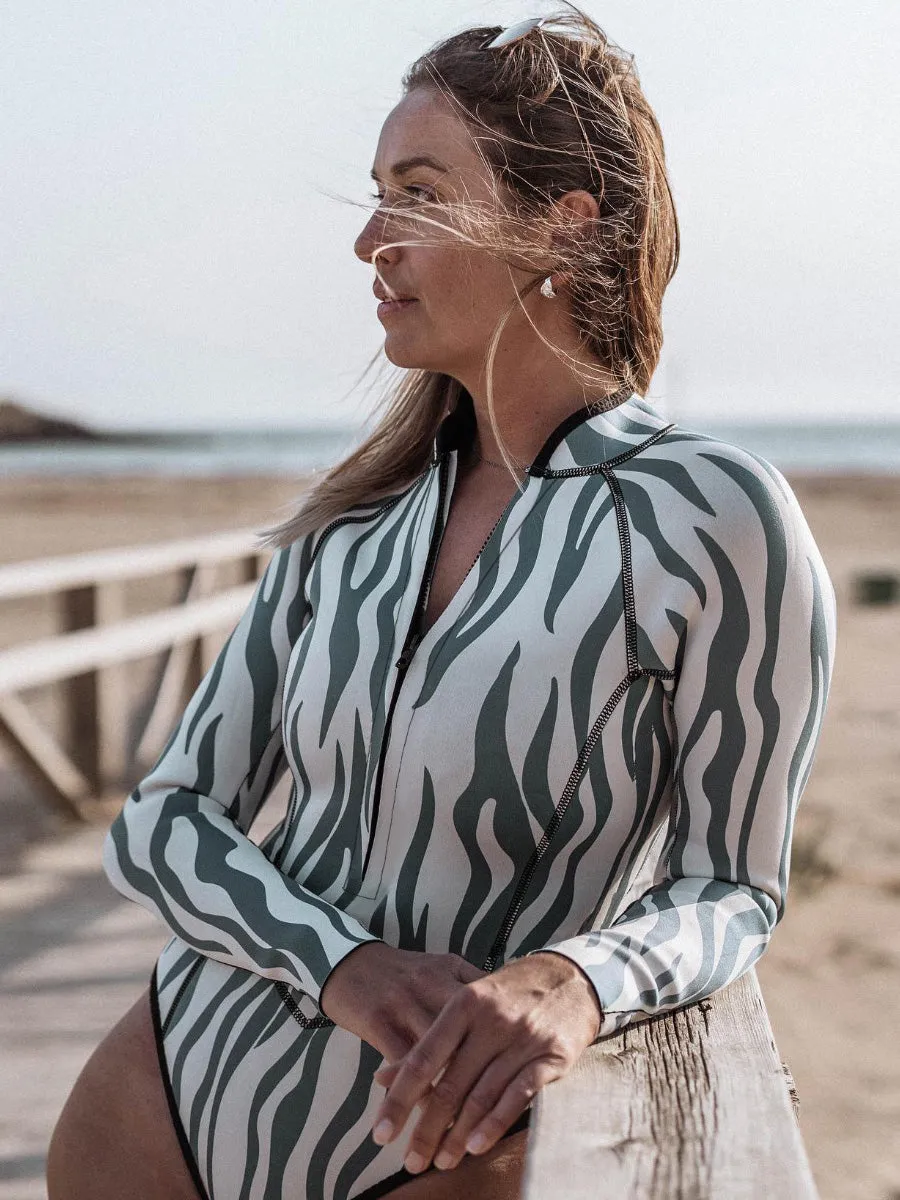 Striped printed long-sleeved sun protection one-piece swimsuit