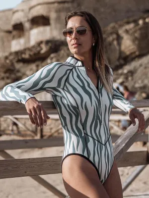 Striped printed long-sleeved sun protection one-piece swimsuit