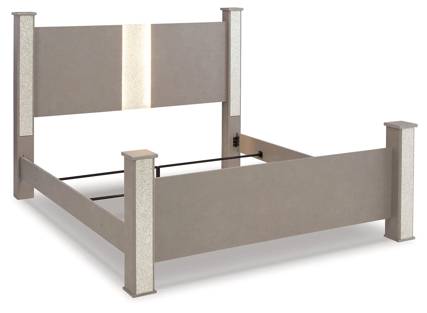Surancha King Poster Bed with Mirrored Dresser and 2 Nightstands in Gray