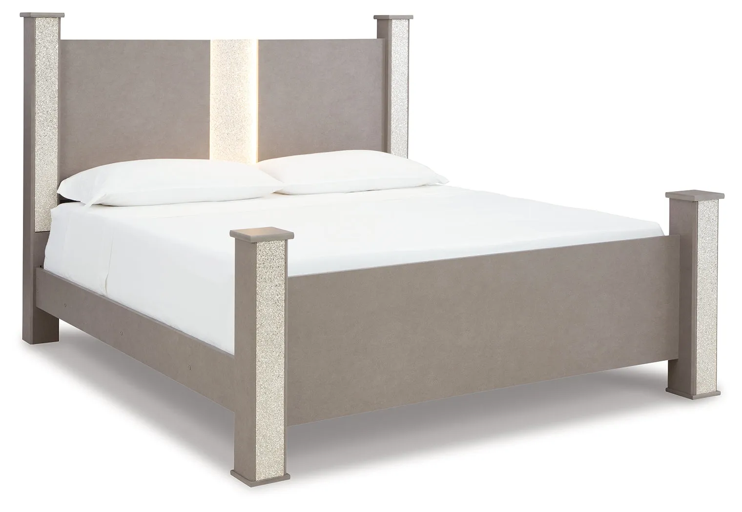 Surancha King Poster Bed with Mirrored Dresser and 2 Nightstands in Gray