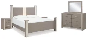 Surancha King Poster Bed with Mirrored Dresser and 2 Nightstands in Gray
