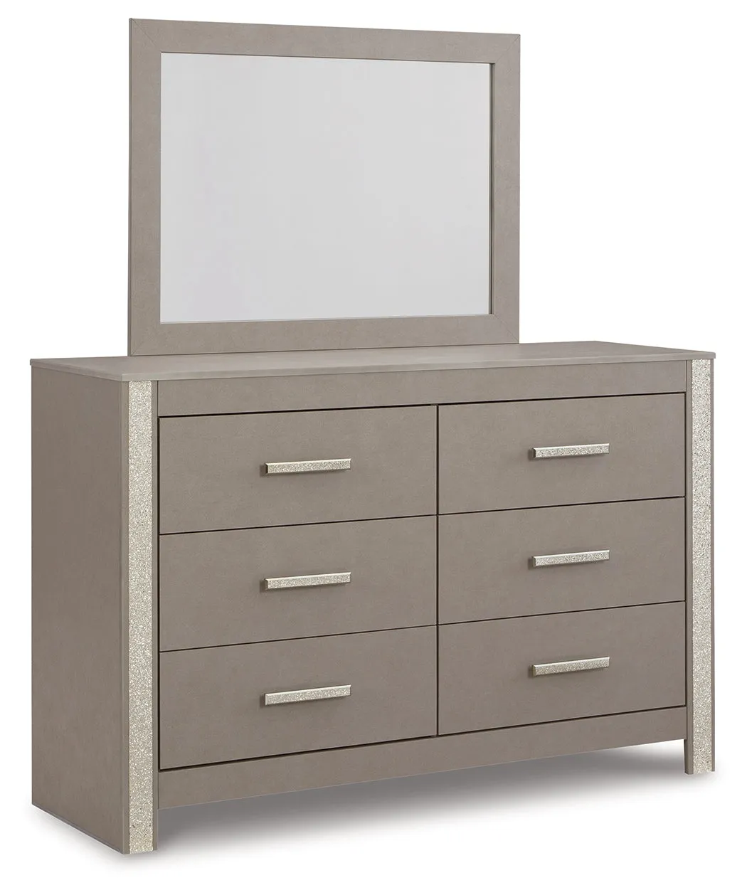 Surancha King Poster Bed with Mirrored Dresser and 2 Nightstands in Gray