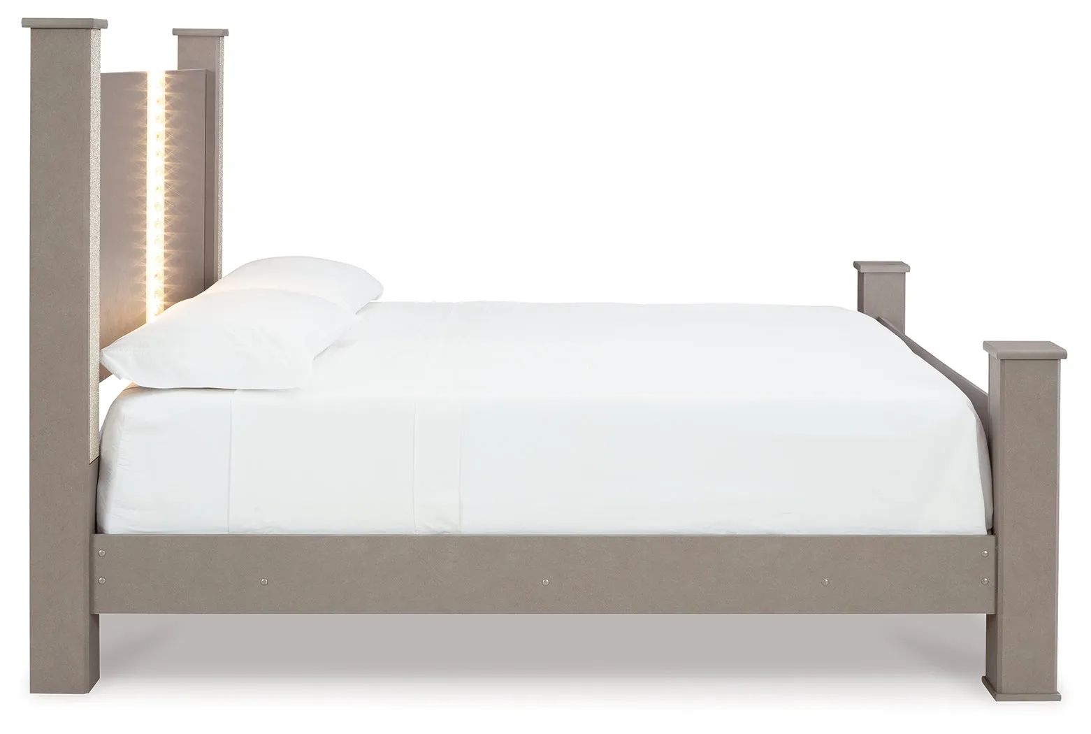 Surancha King Poster Bed with Mirrored Dresser and 2 Nightstands in Gray