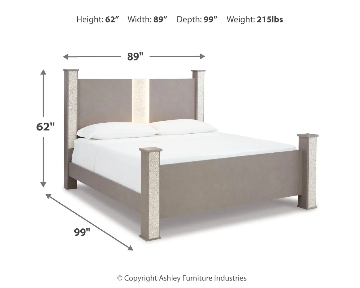 Surancha King Poster Bed with Mirrored Dresser and 2 Nightstands in Gray