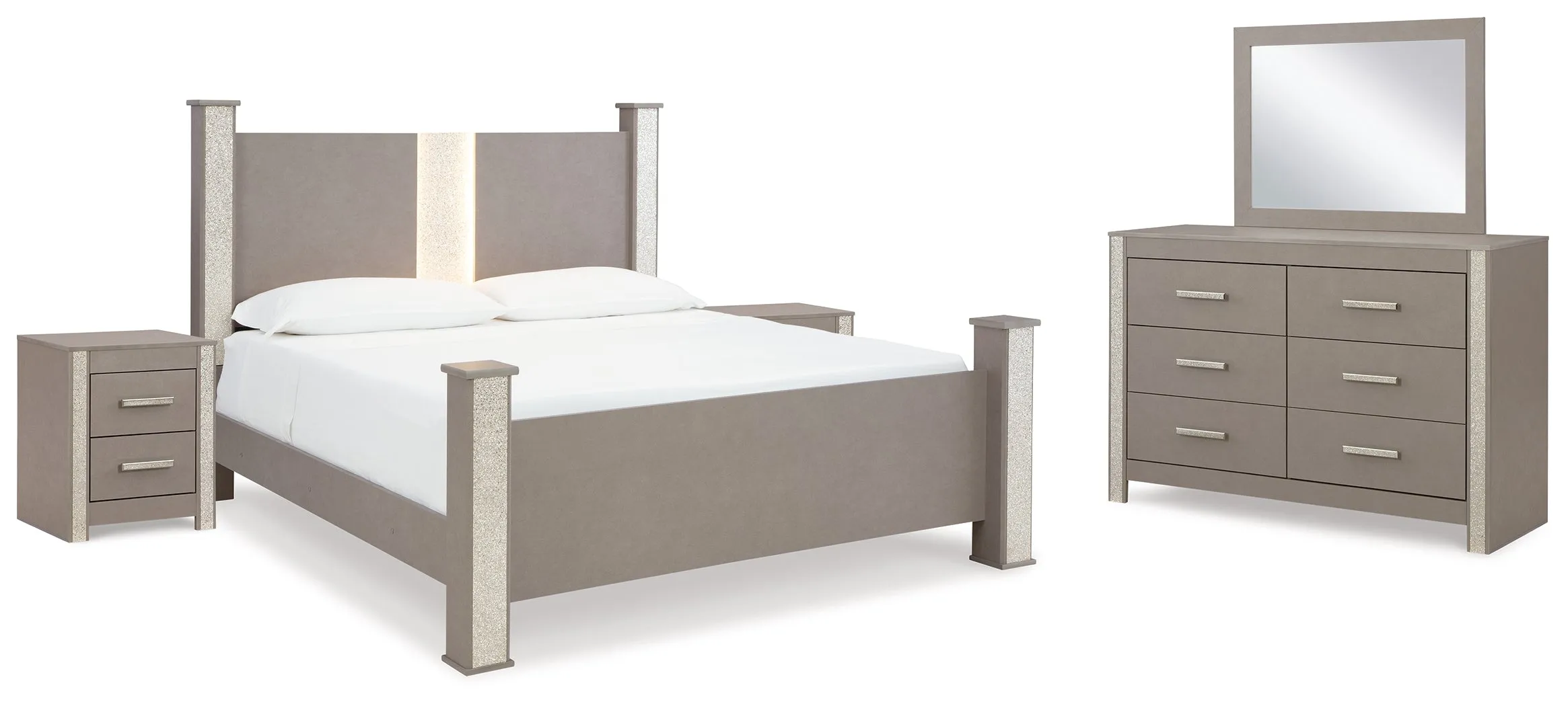 Surancha King Poster Bed with Mirrored Dresser and 2 Nightstands in Gray